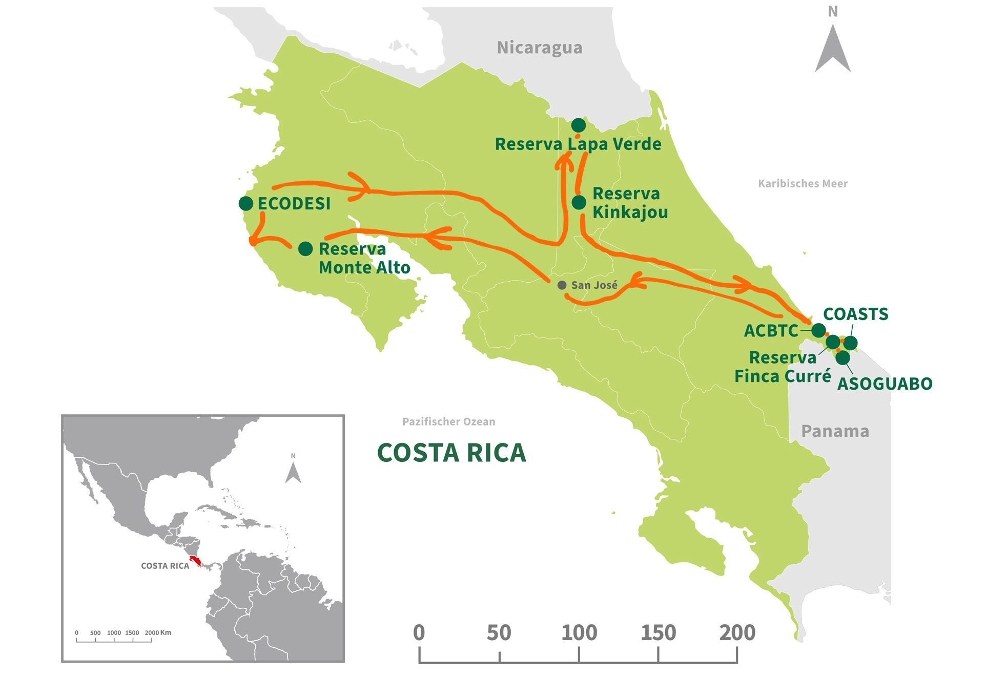 Costa Rica Urlaub: Nachhaltig Reisen mit Tropica Verde 9 Karte TV Projekte Reiseroute